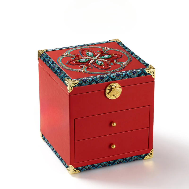 

High-End Bead Embroidery Guochao Jewelry Box Gold Hardware Wedding Engagement Gift for Newcomers