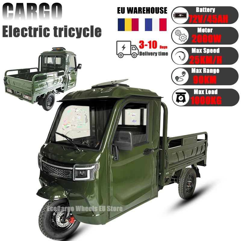 NEW Electric Cargo Tricycle Closed Cabin 2000W 72V 45AH Electric Trike Tuk Tuk 3-Wheel Motorized Scooter With Loading Car Hopper