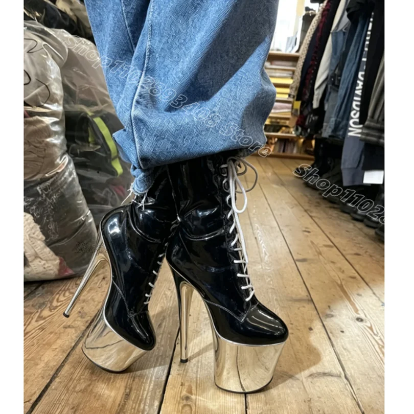 Black Lace up 20CM Ankle Boots Round Toe Patent Leather Performance Platform Women Pole Dance Sexy Boots Zapatos Para Mujere