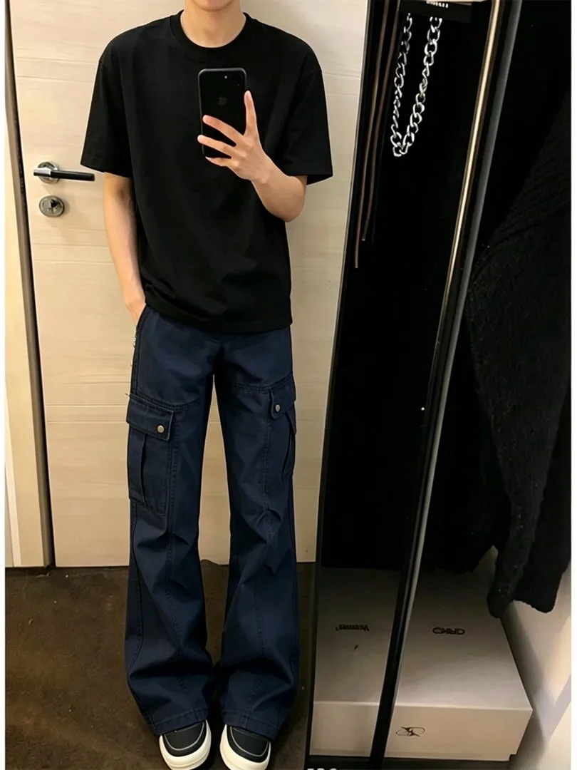 American High Street Men's Work Pants Multiple Pockets Pleated Washed Denim Casual Loose Fit Summer Season mid Waist Zipper
