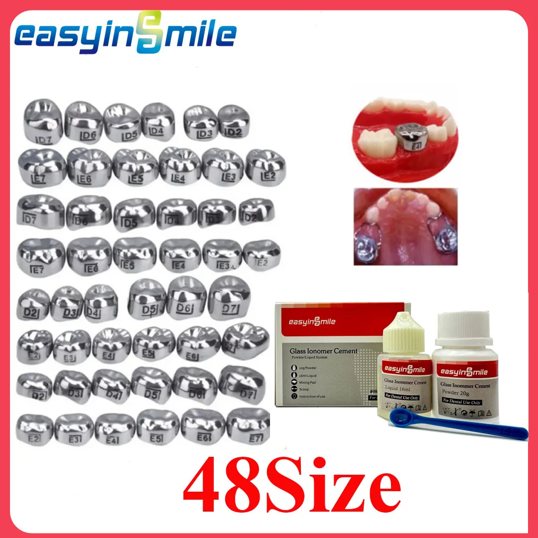 Easyinsmile Dental Crown Kids Primary Molar Ionomer Refill Stainless Steel Upper/Lower Left/Right Teeth 1st/2nd Crowns Cements