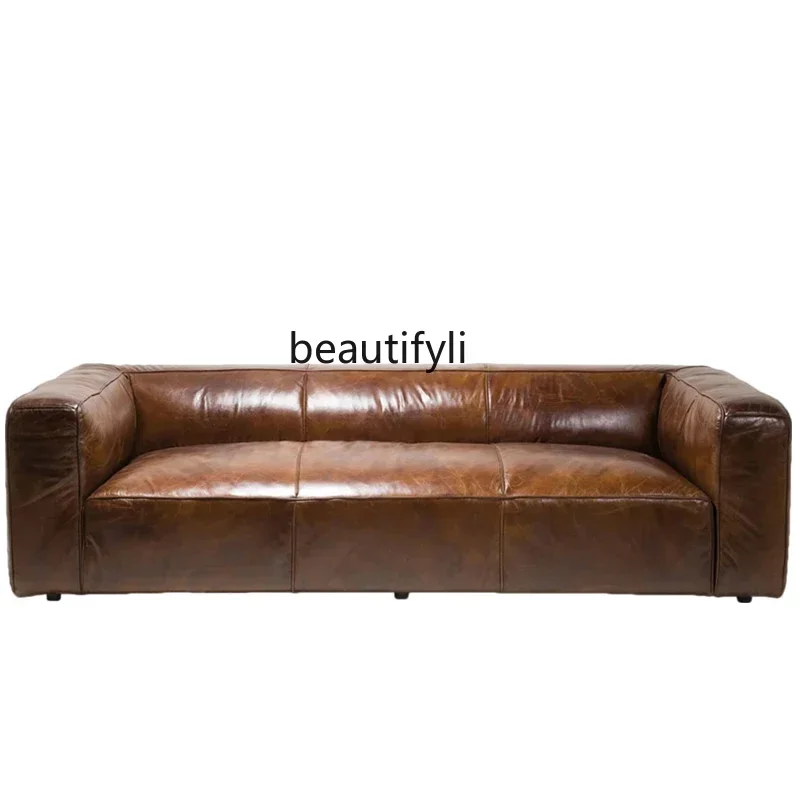 

l5American retro tofu block leather sofa designer living room oil wax leather straight row sofa