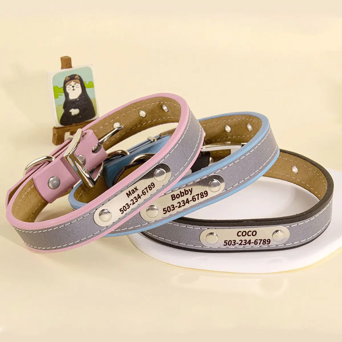 Personalized Collar for Small Dogs Cats Custom Engraved Name Telephone Number Leather Pet ID Tag Adjustable Anti-Lost Collar