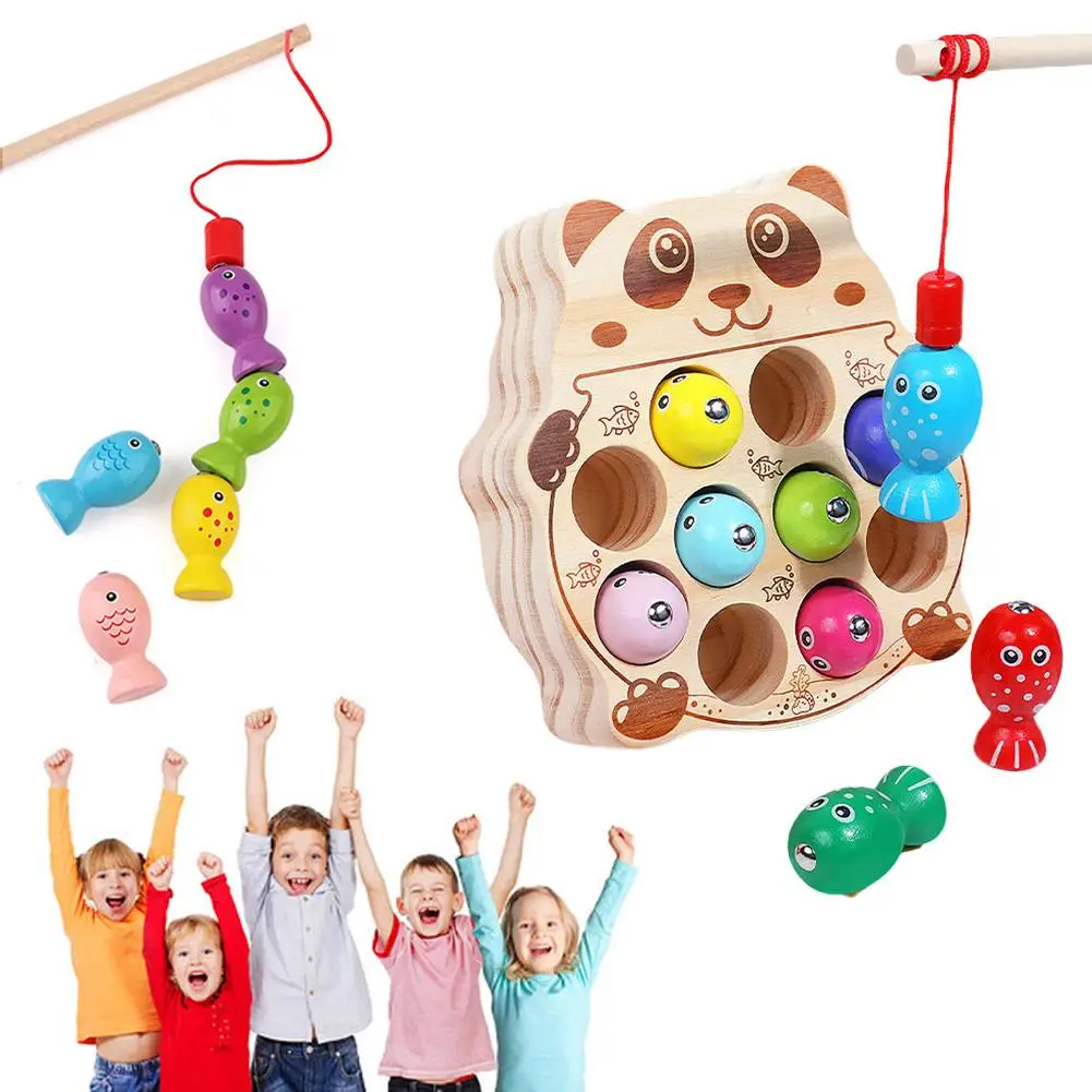 Children's Wooden Fishing Toys Magnetic Fishing Game Intellectual Playsets Fine Motor Skills Training Fishing Game