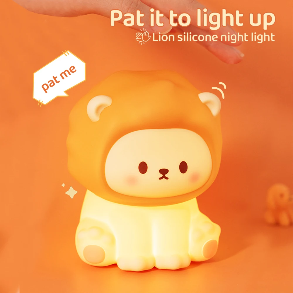 Kawaii Lion Night Light ricaricabile 3 livelli dimmerabile Silicone Sleeping Light lampada da comodino Nursery Nightlights per camera da letto