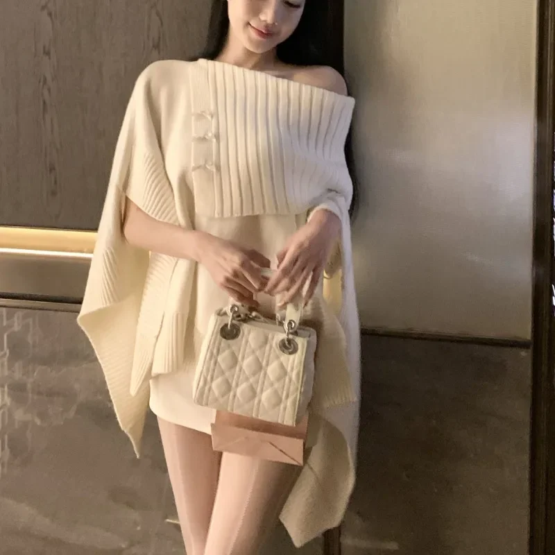 Women's Loose Outer Wear One Shoulder Knitted Hoodie CoatLazy Style Versatile Knitted Cloak Sweater