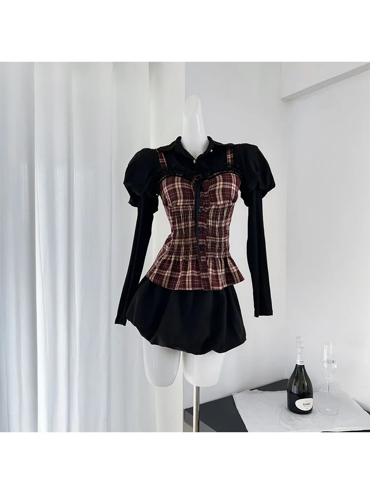 Korean Fashion Outfits 3 Piece Shorts Sets Polo-Neck Shirts Black + Plaid Vest + High Waist Shorts Cozy Gothic 2000s Aesthetic