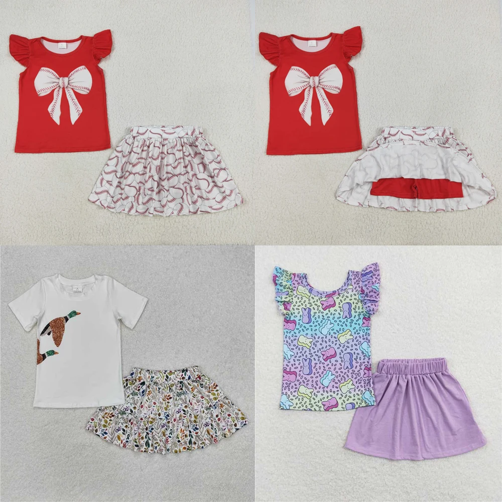 wholesale hot sale western boutique children clothing Baby Girls Red Bow Shirt Baseball Skirts Clothes Sets