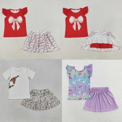 wholesale hot sale western boutique children clothing Baby Girls Red Bow Shirt Baseball Skirts Clothes Sets