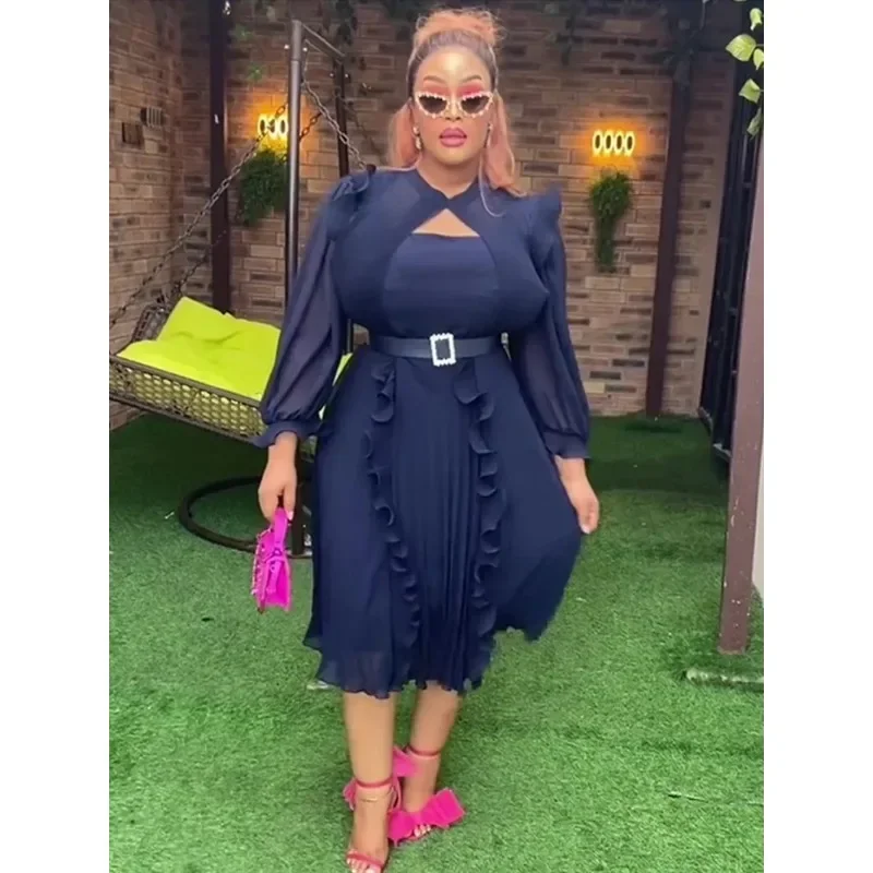 Maßgeschneiderte Frauen Chiffon Kirche Event Kleid Lange Ärmel Rüschen Plissee Mit Taille Gürtel Elegante Afrikanische Weibliche Formale Feiern