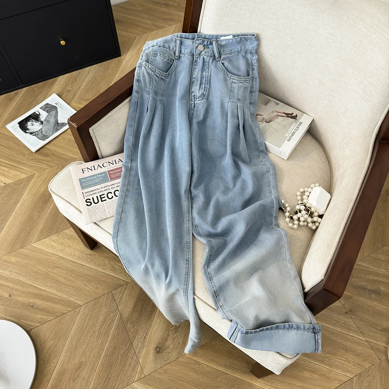 Wash gradient color straight leg trousers jeans Women's summer 2024 thin high waist compression slim loose wide leg mop pants