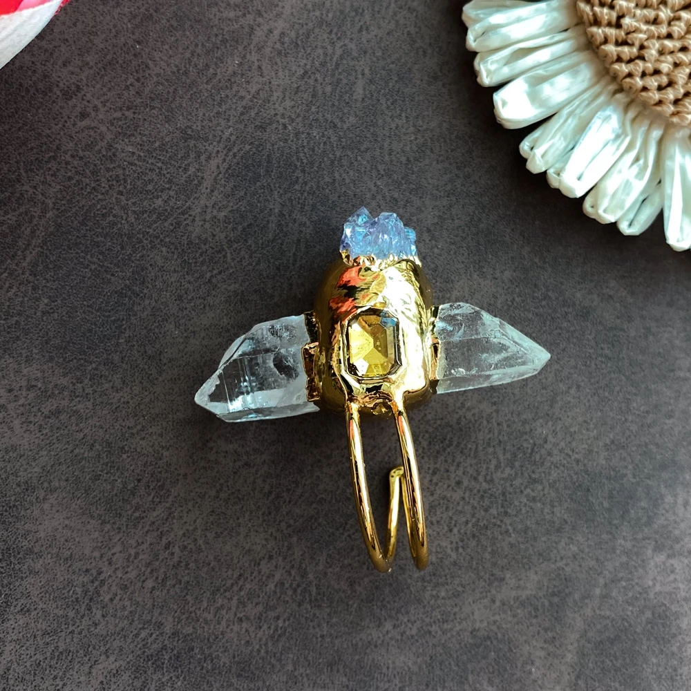 

yygem натуральный аметист друзы прозрачный кварц двойная точка позолоченные кольца на палец регулируемое коктейльное кольцо