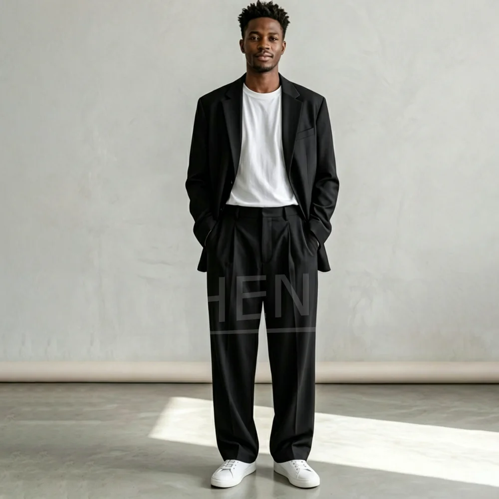

Mens Black 2 Piece Suit Loose Fit Single Breasted Blazer And Trousers For Casual Business Daily Streetwear Party Tuxedo