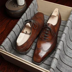 Men's Brogue Shoes Brown Black Square Toe Lace-up Office & Career Dress Shoes Business Handmade Men's Shoes