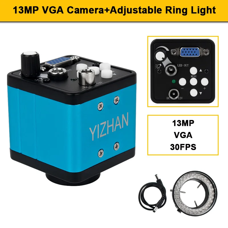 13MP VGA Digital Microscope Camera for Electronics 30FPS  Adjustable Ring Light Monocular Lens Industrial Soldering Accessory