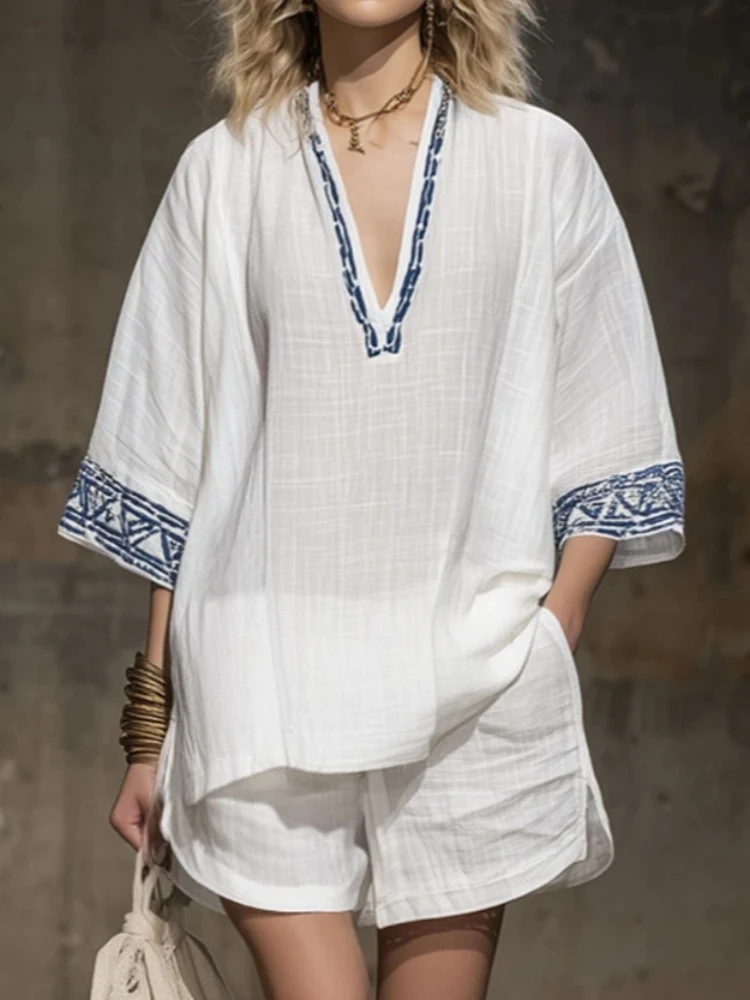 

Summer Ethnic Print Loose Beach Suit Casual Bohemian Vacation Outfit Women's V Neck Shirt and Shorts Linen Cotton Two Piece Set