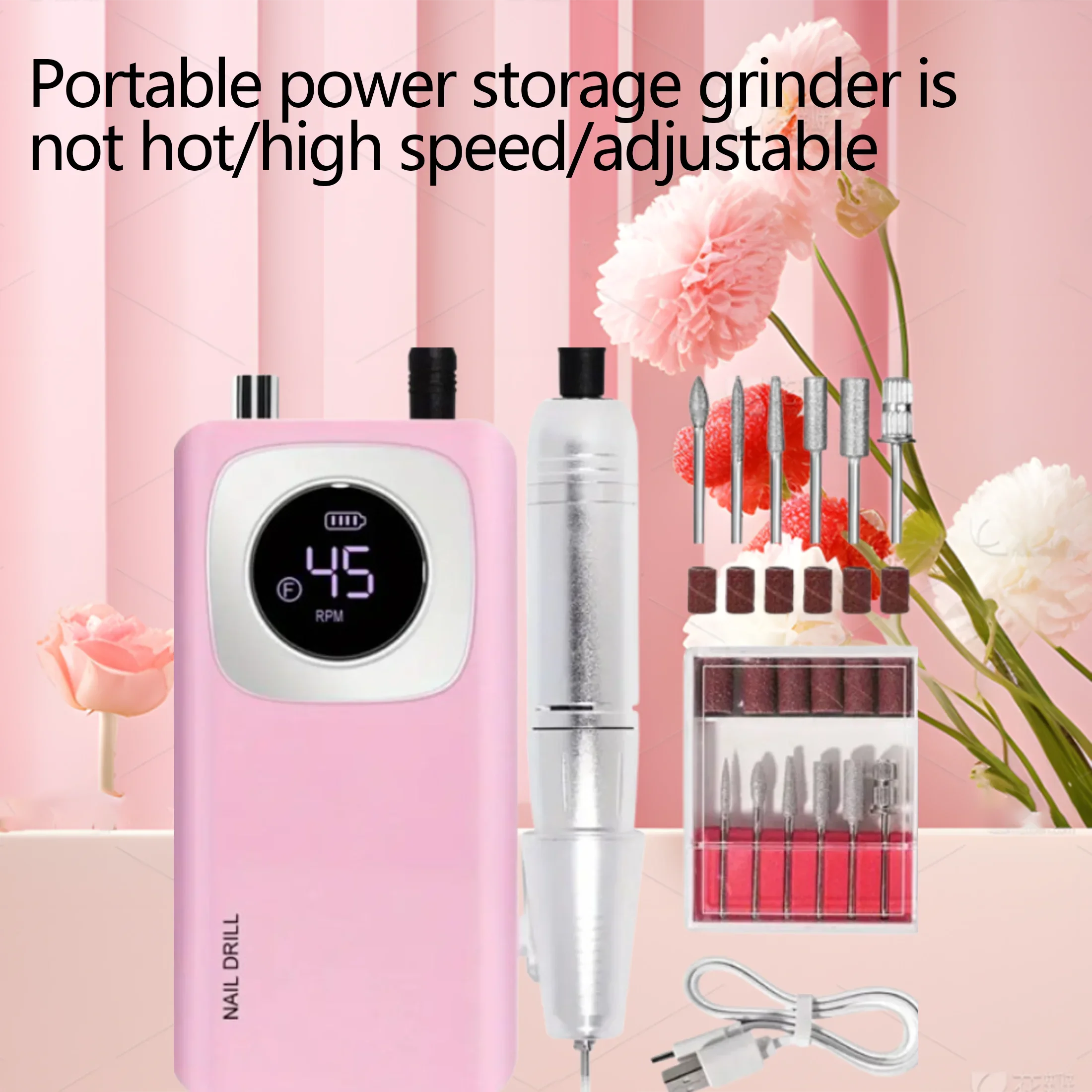 Broca de unha sem fio, 45000rpm, velocidade ajustável, baixo ruído, recarregável, usb, conjunto portátil com 6 bits para salão de beleza profissional doméstico