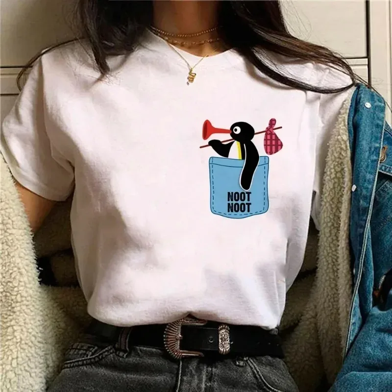 Funny Pingu Print Women's T-Shirt Unique Casual Cute Street Short-Sleeve T-Shirt Breathable Women's Top Kawaii Clothing