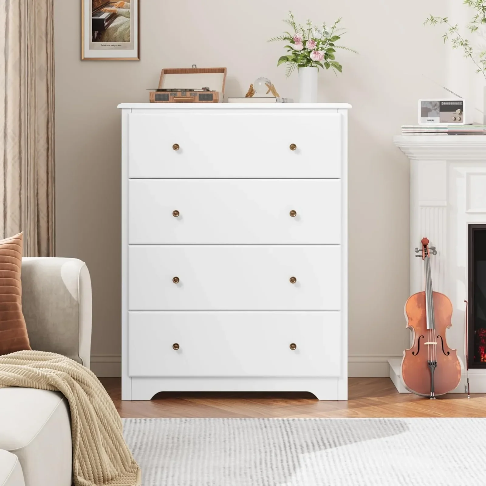 US  White Dresser, 4 Drawer Dressers Chest of Drawers, Modern Tall Dresser, Wood Drawer Chest Storage Cabinet for Living Room