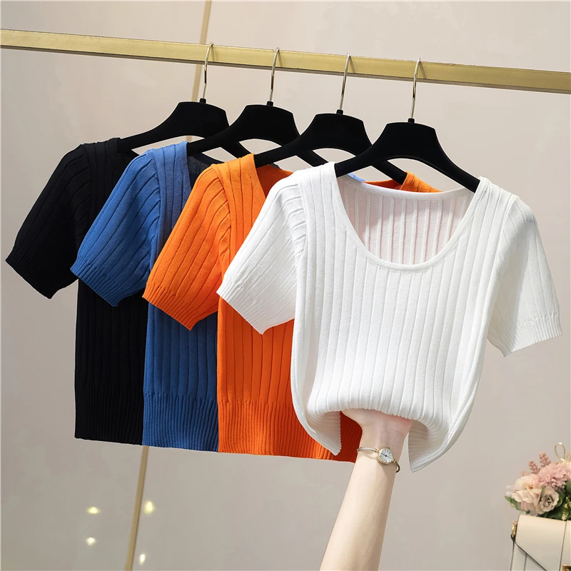 Y2k Cropped Tank Tops Für Mädchen Weiß Blusen T-shirts Stricken Schwarz T Shirts Koreanische Sommer Streetwear Frauen Tees Blau Kleidung