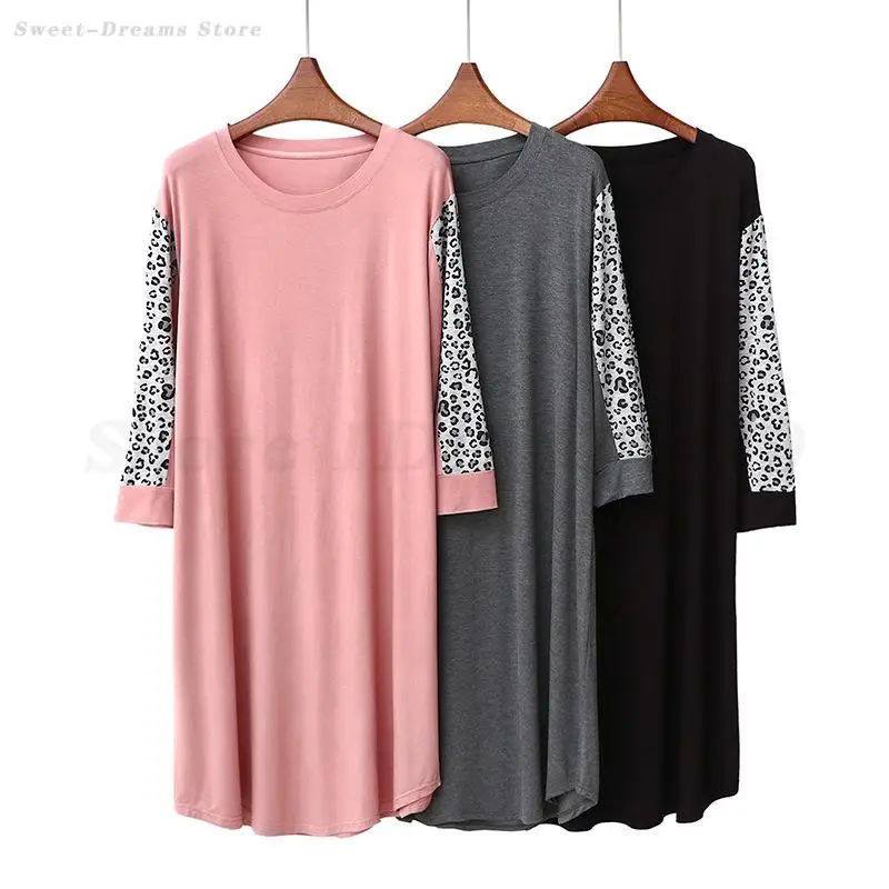 

Leopard Long Sleeves Sleepshirt Female Nightgown Sexy Home Clothing Spring Autumn New Modal Sleepwear Lingerie Loose Lounge Wear