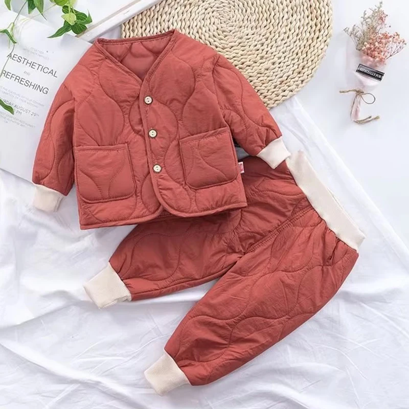 Autumn Winter Baby Kids Jackets+Pants Sets Thicken Boys Girls Coat Trousers Warm Windproof Clothes Suit For Children Home Wear