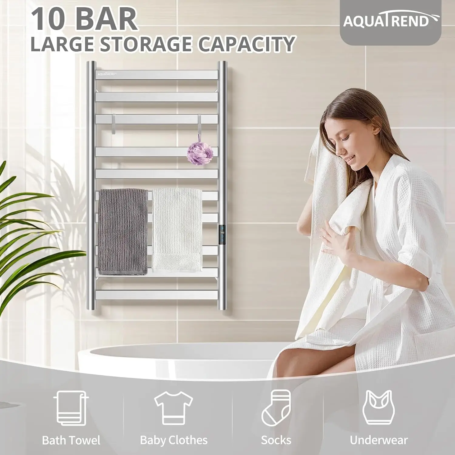Heated Towel Rack for Bathroom, Towel Warmer with 10 Bar Flat Rack Large, Electric Hot Towel Rack Wall Mounted, LED Buit-in Time