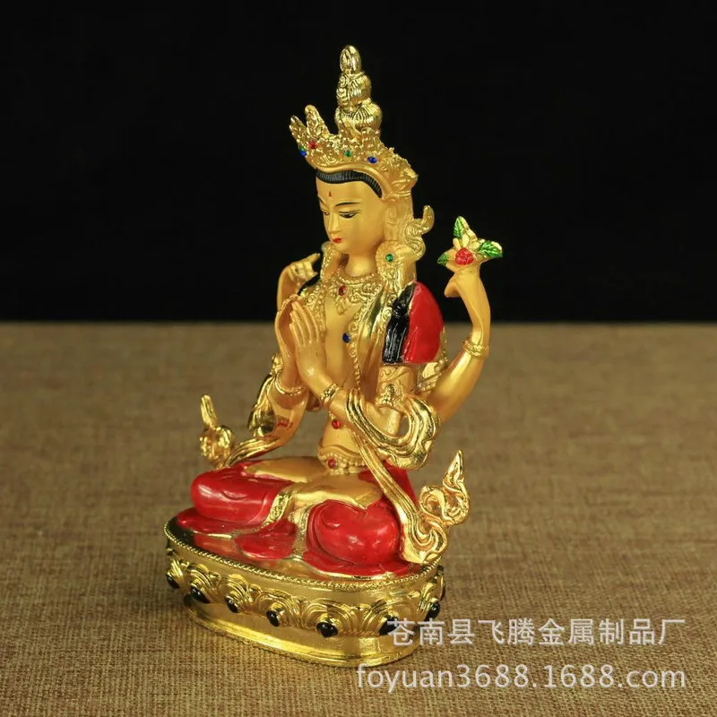 Craft 6inch Painted Copper Gilded Four-Armed Guanyin Bodhisattva Buddha Ornament