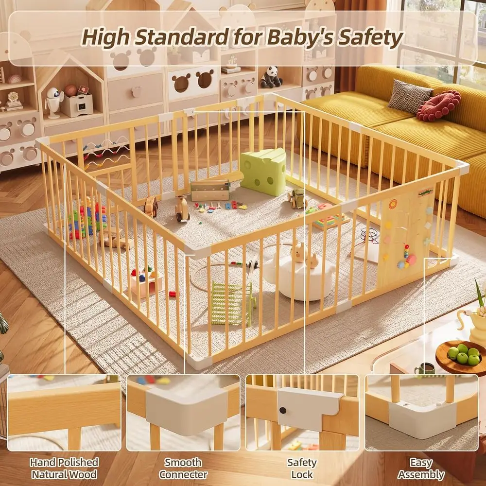 Box in legno extragrande con cancello con serratura, centro attività regolabile per neonati e bambini piccoli, recinzione da gioco per interni, 63 x 63 x 24