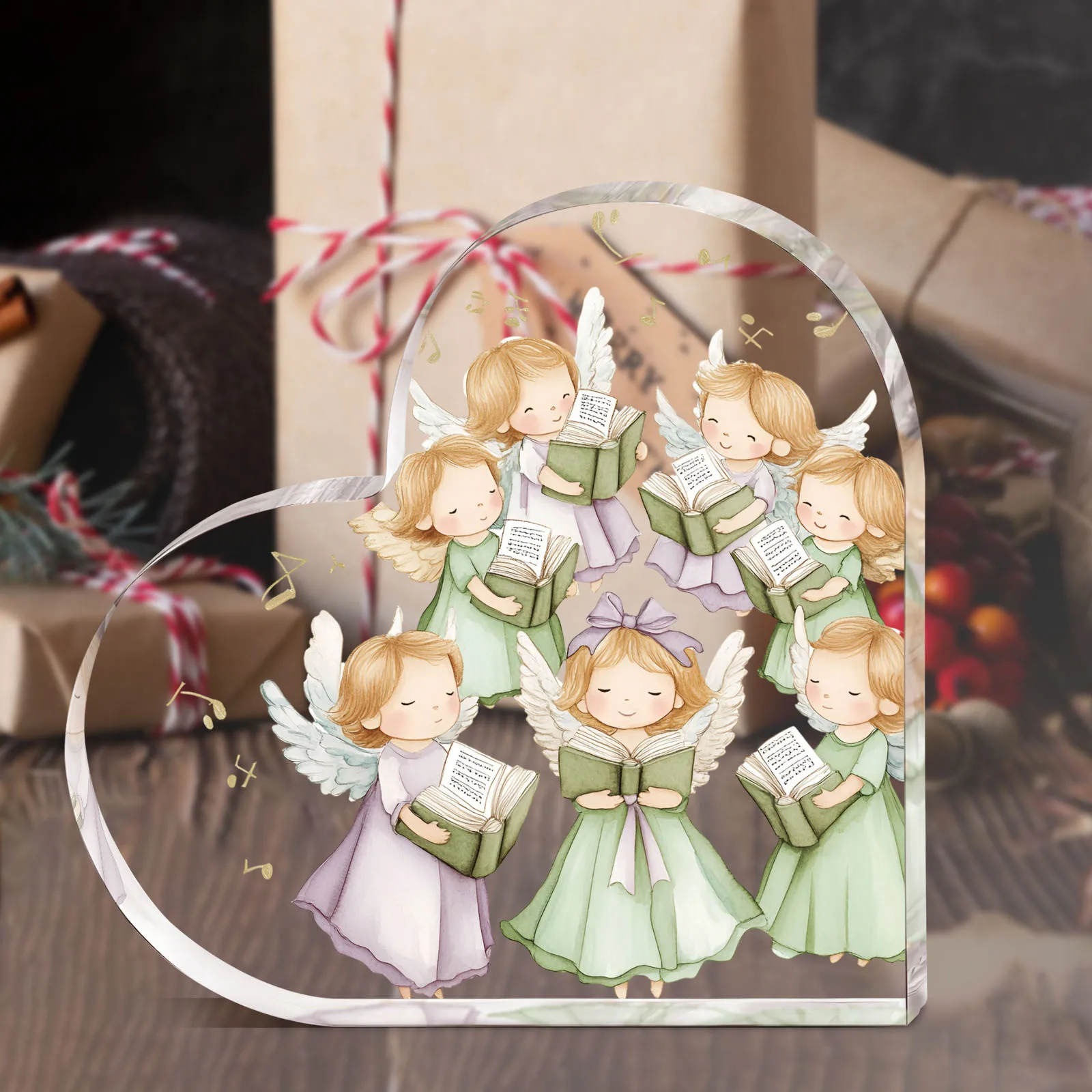 Christmas Choir Angels Heart‑Shaped Acrylic Plaque Musical Note Holiday Desktop Home Decor Gift Heart Acrylic X‑mas Angel Stand, Cute Singing Little Angels Tabletop Festive Keepsake Ornament