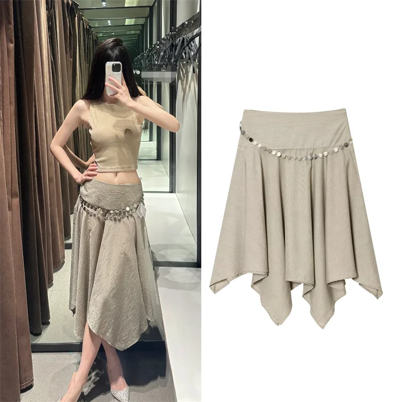 

Women's Skirt New for Summer 2025 Khaki Striped Halterneck Asymmetrical Midi Skirt Belt Decoration Casual Fashion Personality