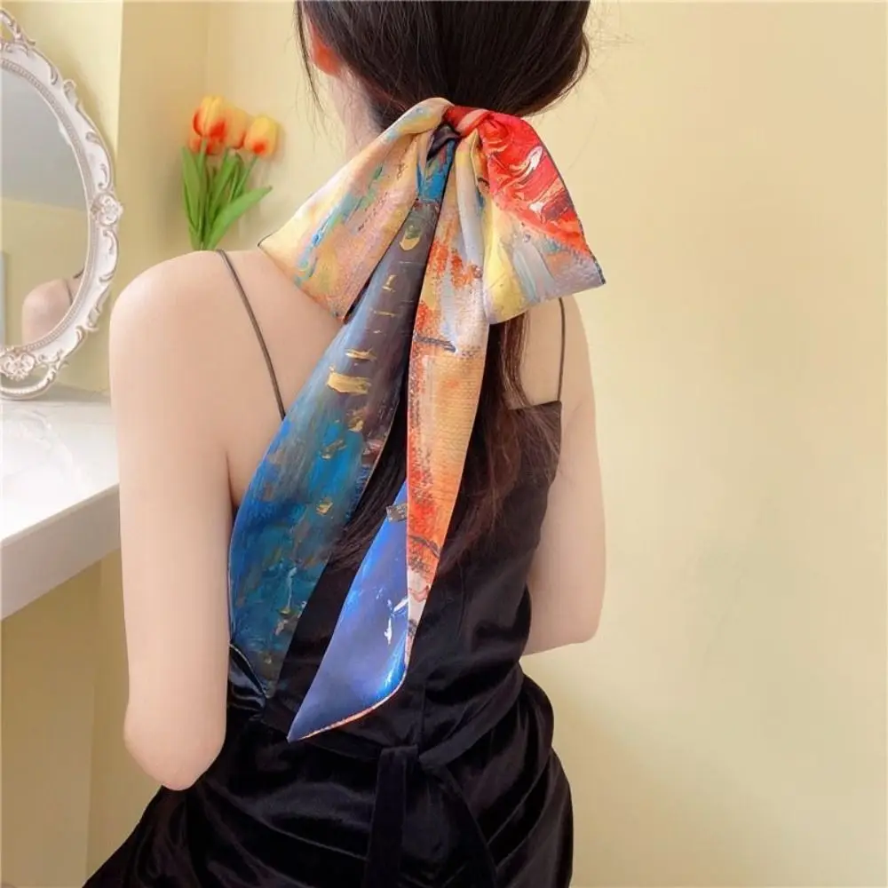 

2024 Chinese Style Long Strip Silk Scarf Headband Ribbon Hair Ring Printing Tied Hair Turban Retro Hair Rope Woman Headdress
