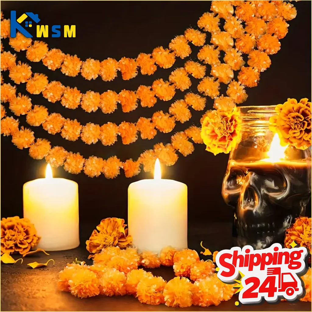 Guirnalda de flores artificiales de caléndula, corona de plástico para decoración de fiesta de Navidad india Diwali mexicana del Día de los muertos