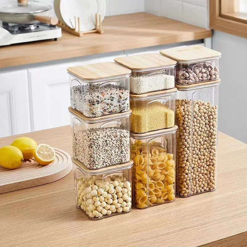 2PCS PET Plastic Food Storage Container with Bamboo Lid Sealed Jar Noodle Box Multigrain Tank Bottle Dried Fruit Tea Storage Box