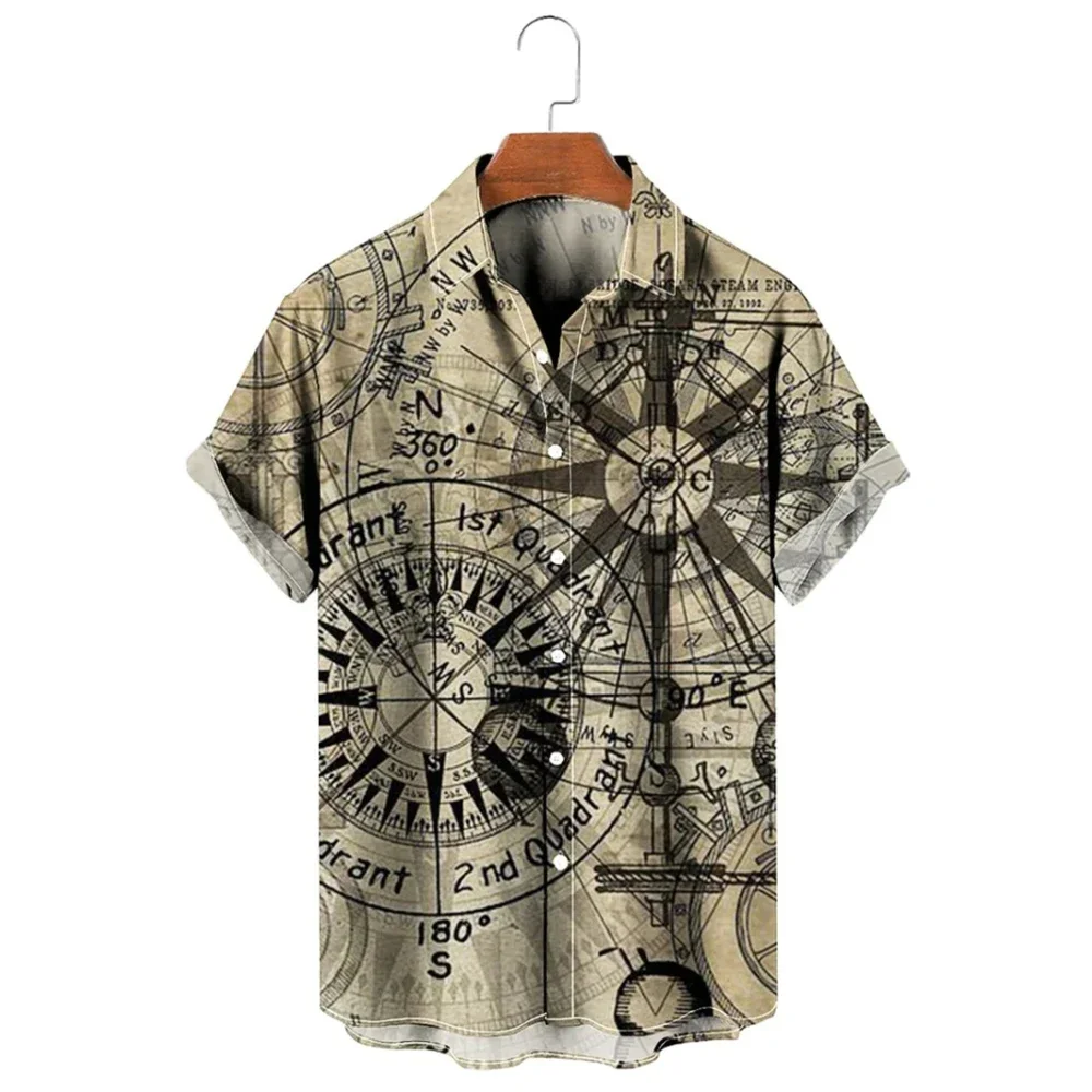 레트로 하라주쿠 블루 우주 전쟁 행성 로봇 짧은 하와이안 캐주얼 셔츠, 프린트 빈티지 꽃무늬 스타일리시 핏 남성 의류