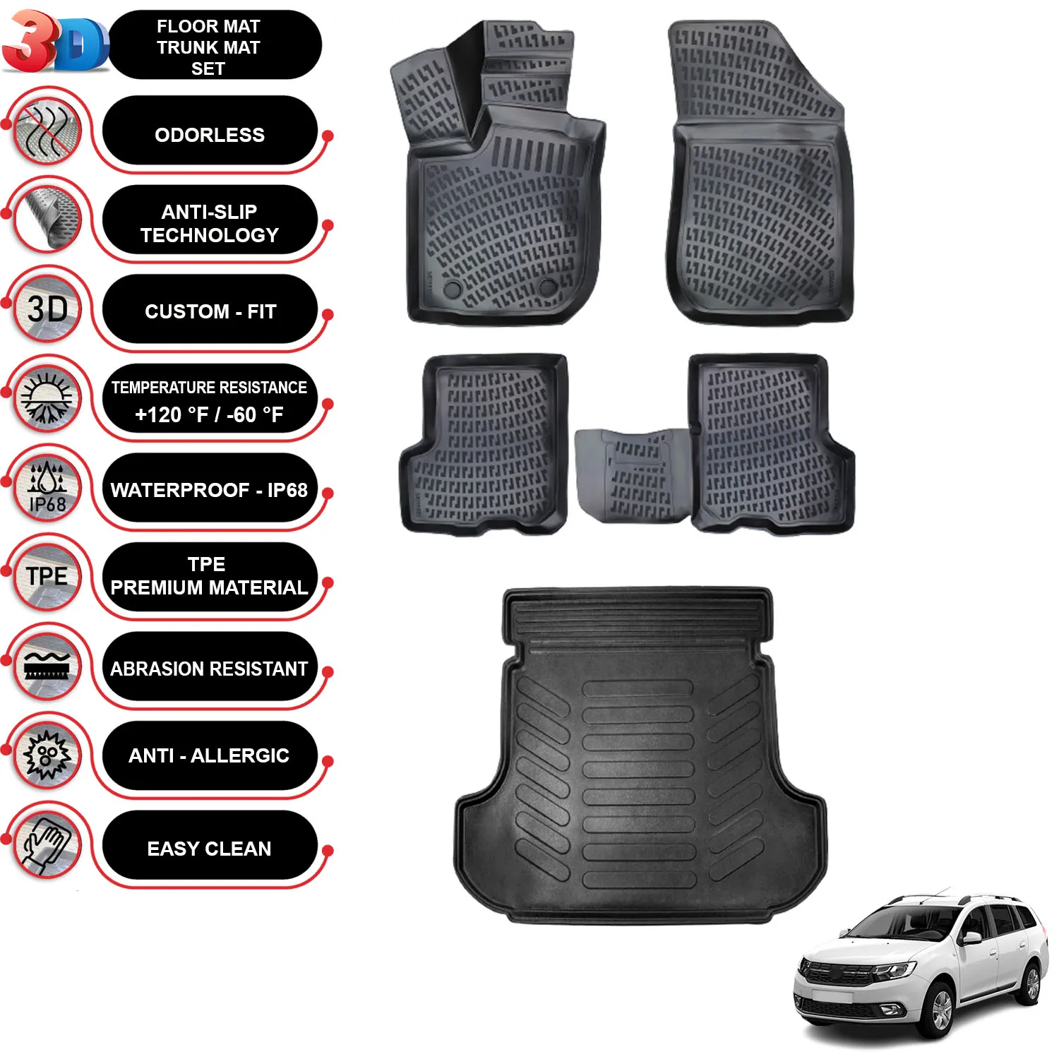 

Renault Logan MCV - (2013-2022) - Floor Mats + Cargo Trunk Liner - SET - (Black)