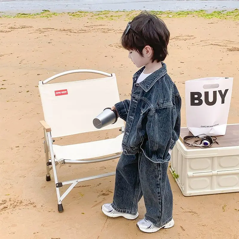 Baby Boys Jeans Sets Fashion Cool Coats Tops Wide Leg Pants 2025 Spring Autumn New Korean Style Childrens Two Piece Sets