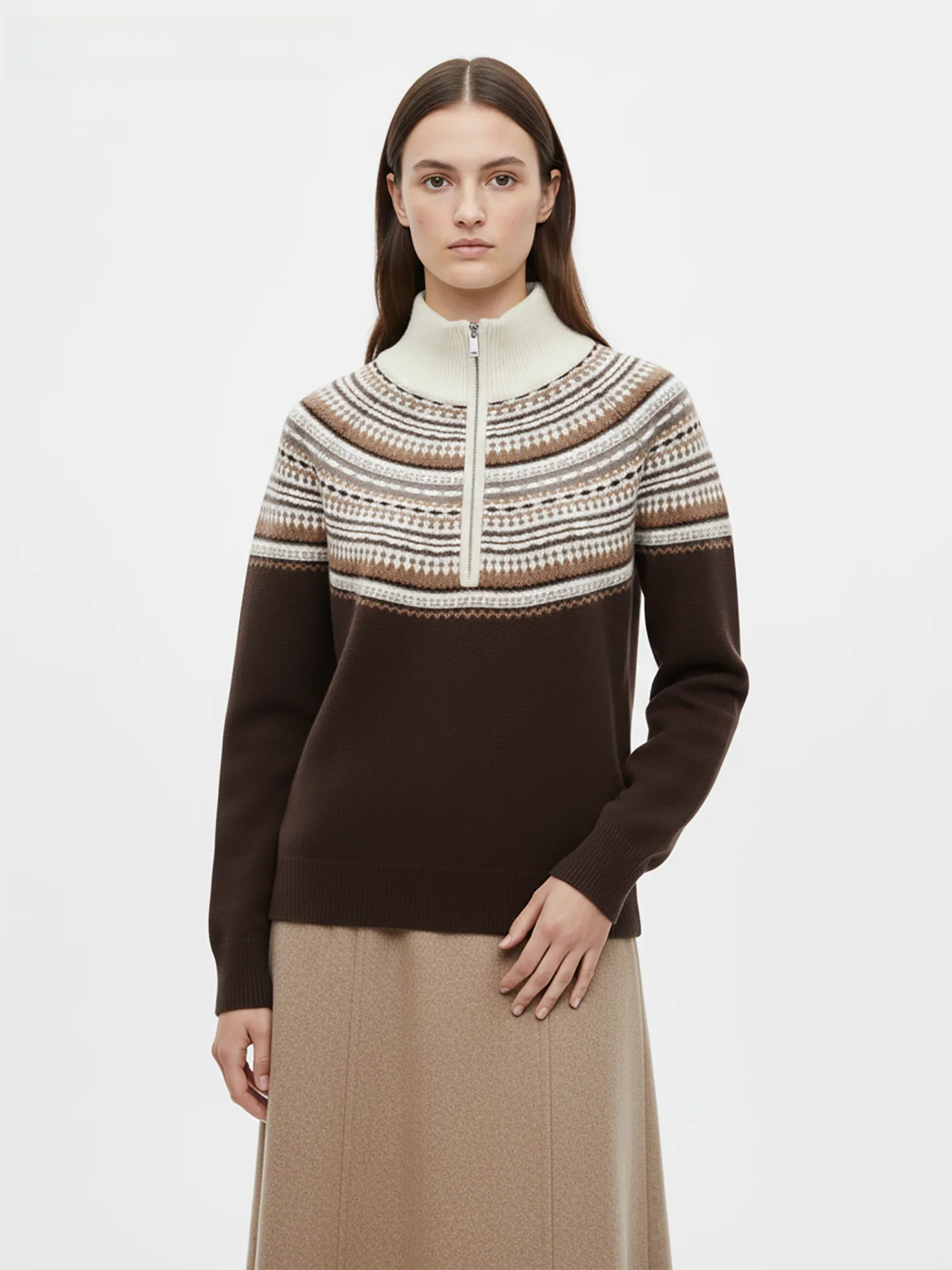 

Women's Knitted Sweater f Zipper Stand Collar Warm Fce Ne Cover Knitwear Soft Wool Long Sve Geometric Pattern