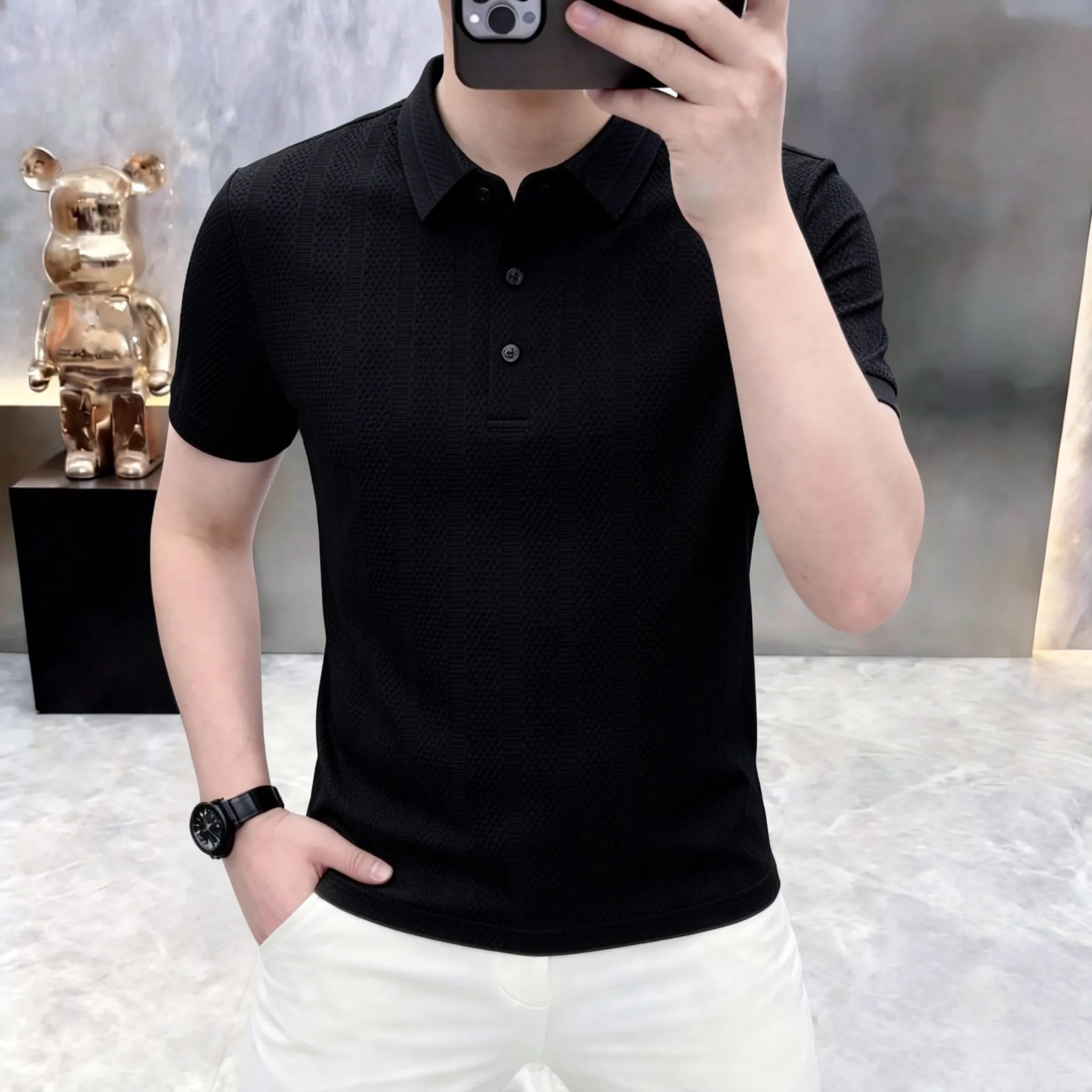Summer Men's Polo Shirt- Breathable Ice Silk Top- Fashion Stripes- Versatile Men's T-Shirt