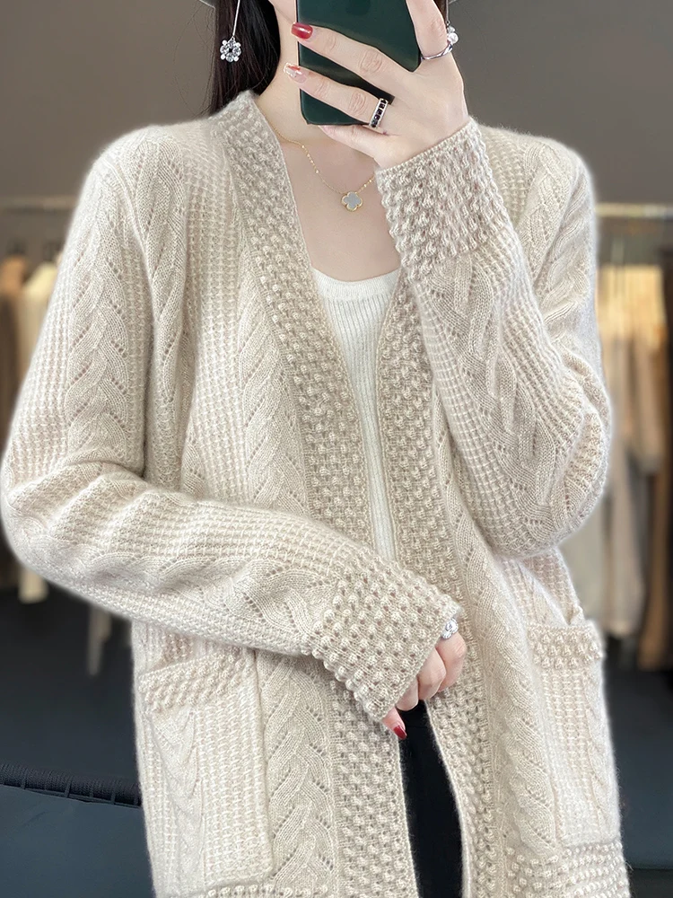 Spring Autumn 100% Pure Merino Wool Women’s Cardigan V-neck Twist Flower Cashmere Knitwear Female Sweater Fashion Top