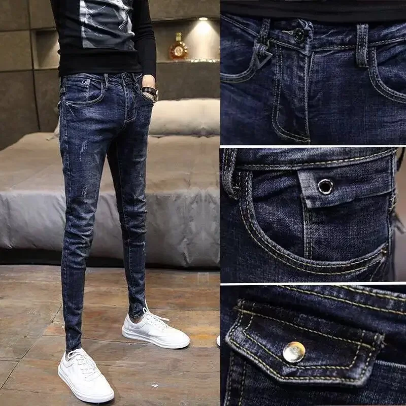 Fashion 2023 Trendy Men\'s Korean Style Clothing Skinny Jeans Casual Classic Slim Stretch Classic Cowboy Denim Pants Trousers Man