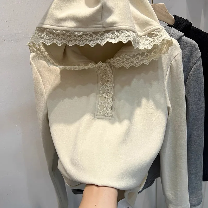 2026 New Autumn Winter Women Hooded Sweatshirt Delicate Lace Ruffle Splice Design Long Sleeve Hoodie Ladies Fashion Undershirt
