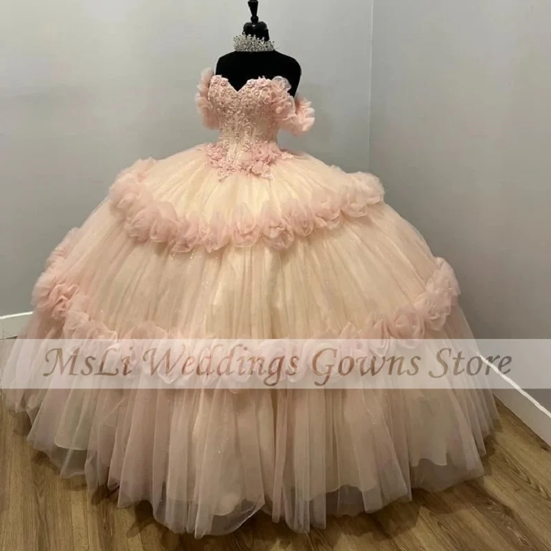 Cenerentola Pink Quinceanera abiti Appliques Beads 16 Birthday Party Prom Dress Vestidos De 15 quinceaeceras Princess Ball Gowns