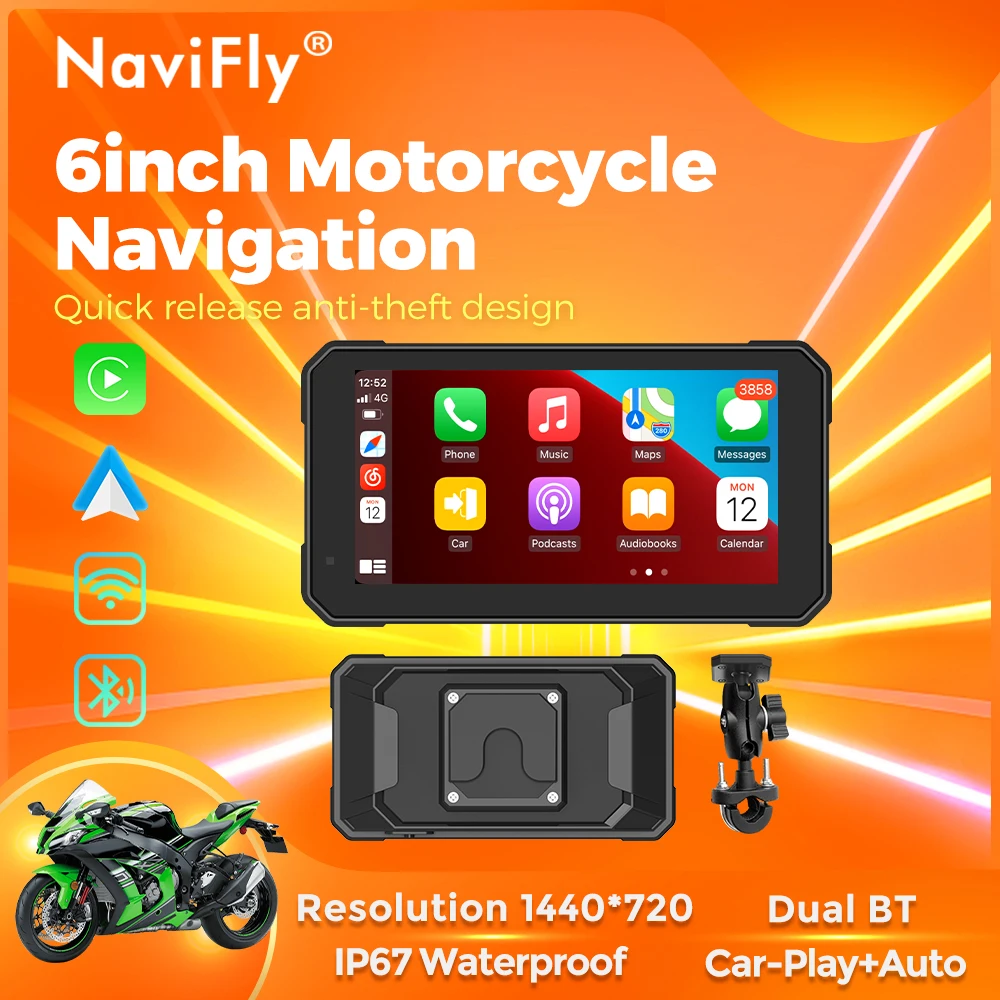 

NaviFly 6inch MotorcycleNavigation Quick release anti-theft design Resolution 1440*720 IP67 Waterproof Wireless Car-Play+Auto