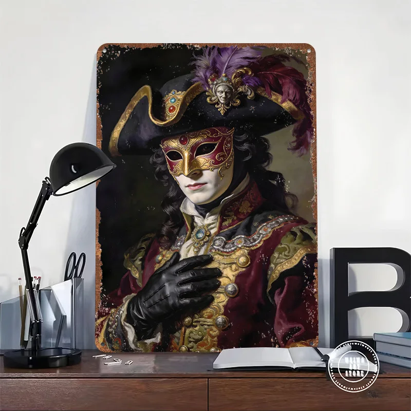 Man in Venetian Masquerade Costume Metal Poster Custom Wall Art Retro Vintage Tinplate Signs for Man Cave Room Decoration Cozy