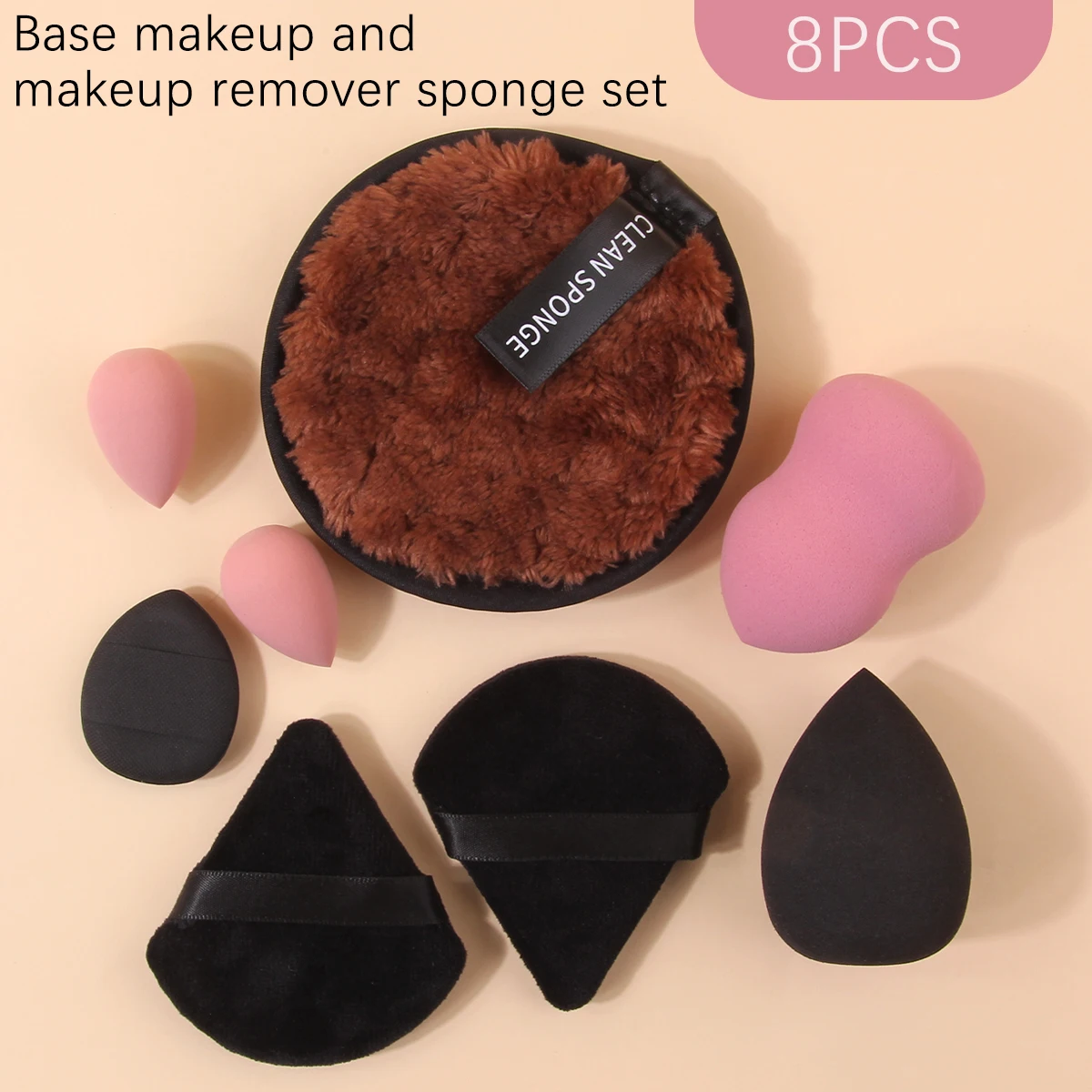 8PCS Portable travel facial makeup tools: triangular powder puff/sponge egg, mini water drop/powder puff, round cleansing puff
