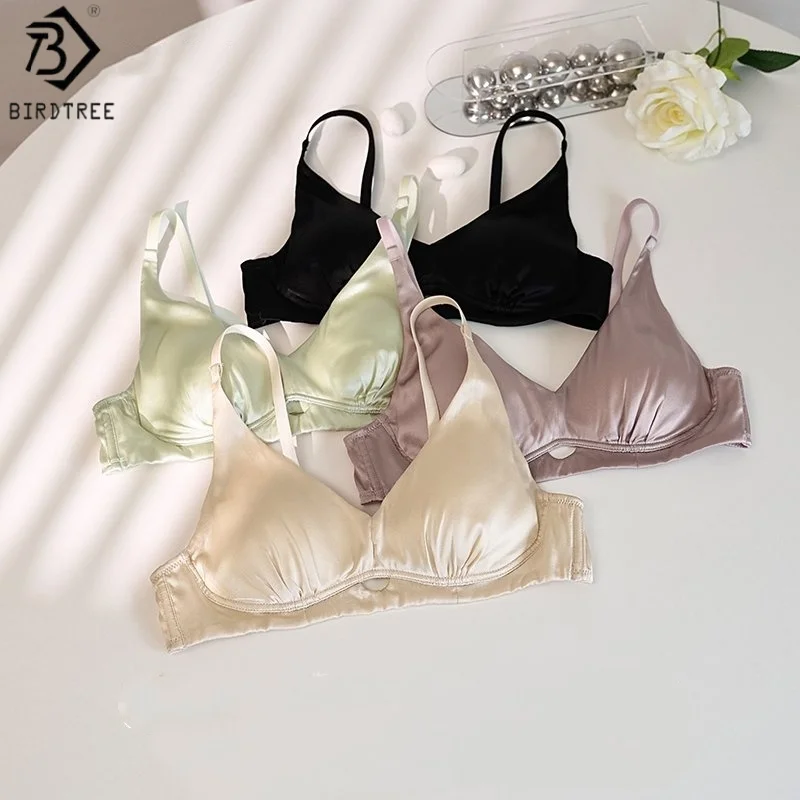

Birdtree 20 мм, 92% шелк, 8% спандекс, беспроводной бюстгальтер, женский атласный бюстгальтер 3/4 чашки, дышащее нижнее белье во французском стиле с v-образным вырезом T58424JF