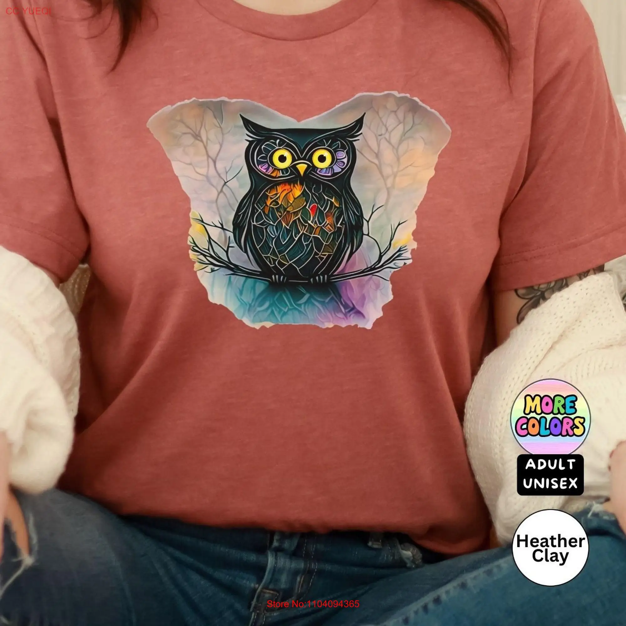 Stained Glass Owl T Shirt Lovers Colorful Bird Animal long or short sleeves