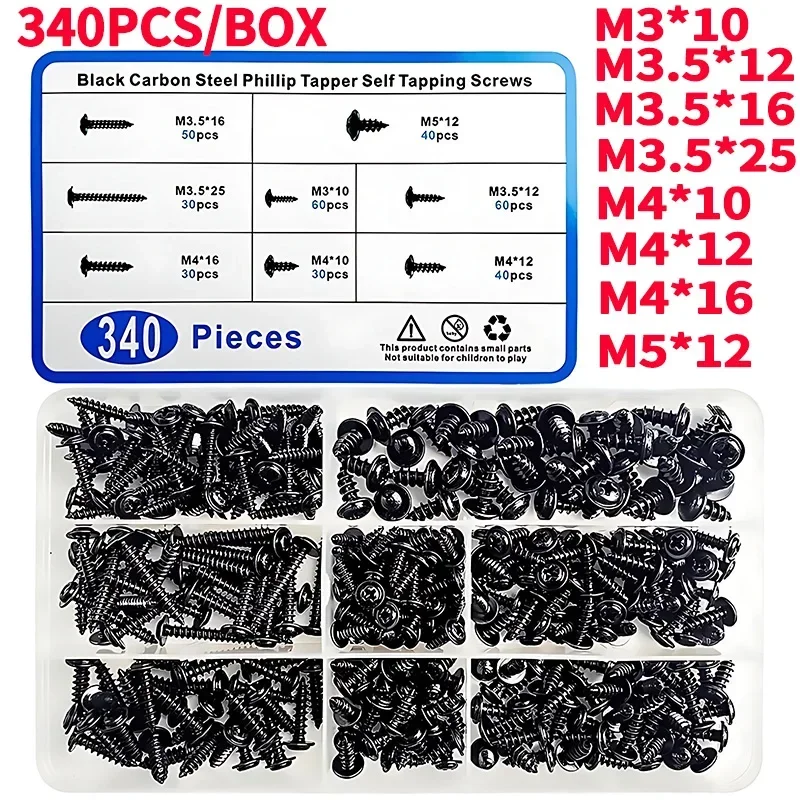 340pcs/Box M3 M3.5 M4 M5 Carbon Steel Cross Round Pan Head with Washer Pad Collar Self-tapping PWA Phillip Screws Assortment Kit