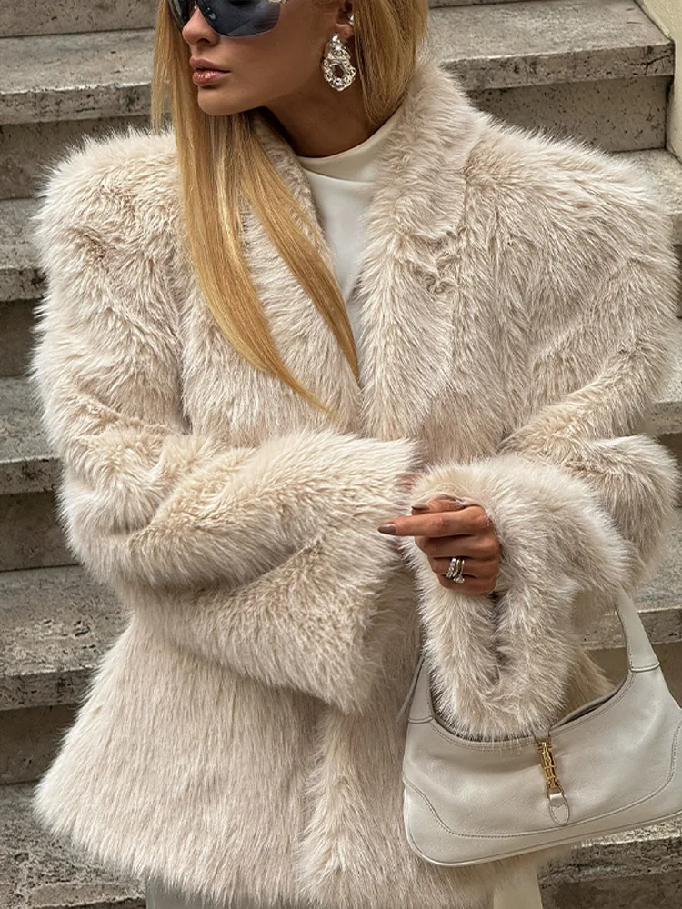 Elegant Women Shoulder Padded Middle Length Coat Faux Fur Long Sleeve V-Neck Thick Jacket 2025 Chic New Luxury Party Outerwear